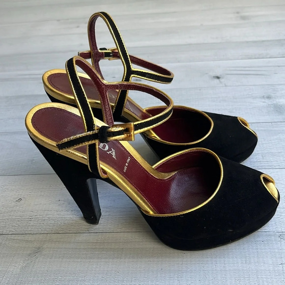 Prada Black Suede Slingback Peep Toe Platform Heels Size 5 - Picture 1 of 16